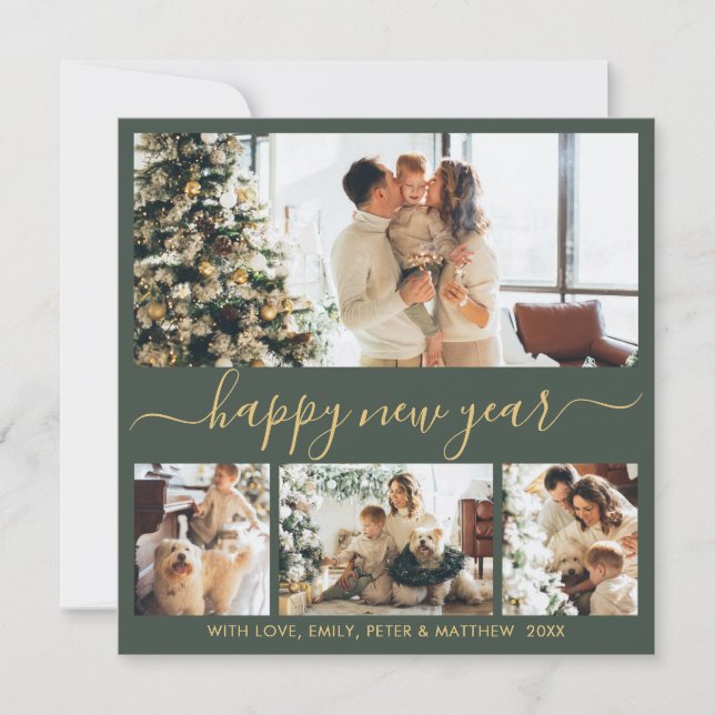 Happy New Year Gold Script 4 Photo Collage Green Holiday Card (Front)
