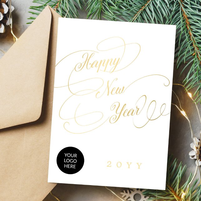 Happy New Year gold script business corporate logo Holiday Card (Creator Uploaded)