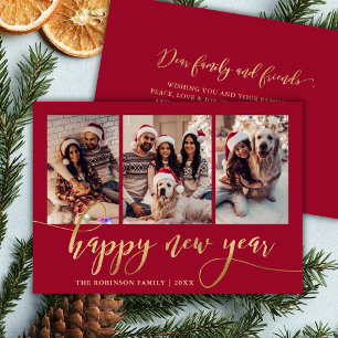 Happy New Year Gold Script Red 3 Photo Collage  Holiday Card