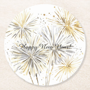 Happy New Year Gold Silver Fireworks Round Paper Coaster