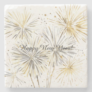 Happy New Year Gold Silver Fireworks Stone Coaster