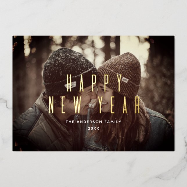 Happy New Year. Gold simple typography photo Foil Holiday Card (Front)