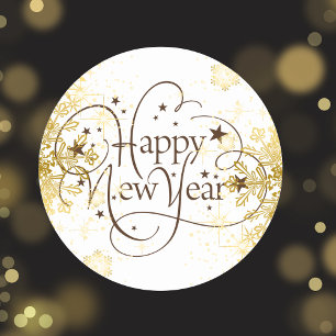 Happy New Year Gold Snowflake Classic Round Sticker