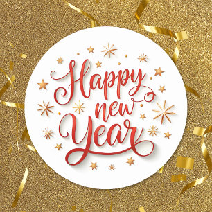 Happy New Year Gold Sparkle Script Classic Round Sticker