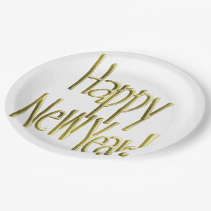 Happy New Year - Gold Text (Add Background Colour) Paper Plate