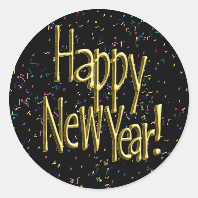 Happy New Year - Gold Text on Black Confetti Classic Round Sticker (Front)