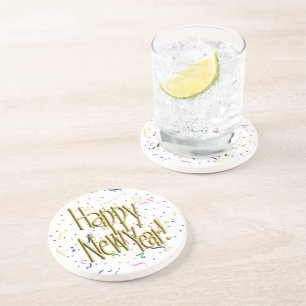 Happy New Year - Gold Text on Black Confetti Coaster