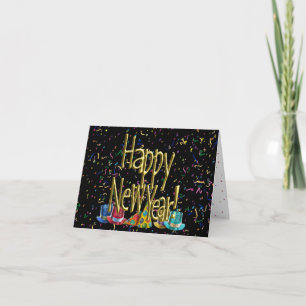 Happy New Year - Gold Text on Black Confetti Invitation