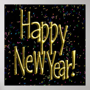 Happy New Year - Gold Text on Black Confetti Poster