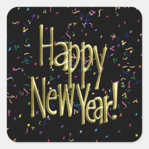Happy New Year - Gold Text on Black Confetti Square Sticker