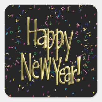 Happy New Year - Gold Text on Black Confetti Square Sticker
