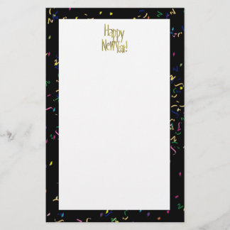 Happy New Year - Gold Text on Black Confetti Stationery