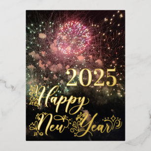 Happy New Year Gold Typography Fireworks Vertical Foil Holiday Postcard