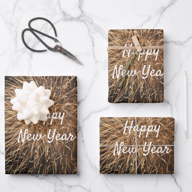 Happy New Year Golden Fireworks Patterns 2023  Wrapping Paper Sheet (Front)