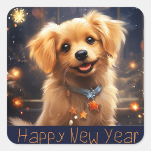 Happy New Year  Golden Puppy Square Sticker
