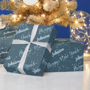 Happy New Year Golden Script Blue Celesty Grey Wrapping Paper