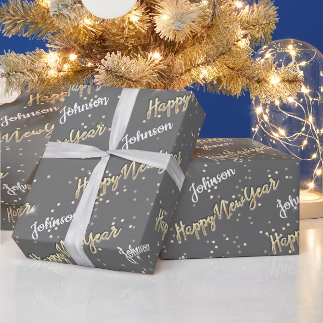 Happy New Year Golden Script Custom Name Grey Wrapping Paper (Holidays)