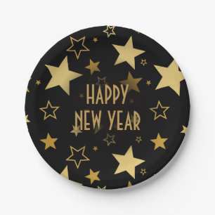 Happy New Year golden stars   party paper plate