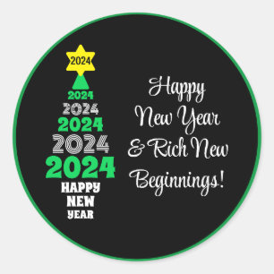 Happy New Year Green and White Tree Festive Fun Classic Round Sticker