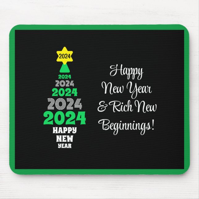 Happy New Year Green and White Tree Festive Fun Mouse Pad (Front)