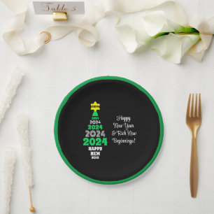 Happy New Year Green and White Tree Festive Fun Paper Plate
