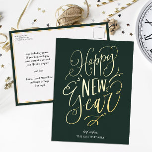 Happy New Year Green Gold Script Modern Non Photo Foil Holiday Postcard