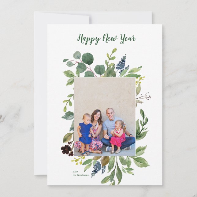 Happy New Year Greenery Modern Holiday Cards (Front)