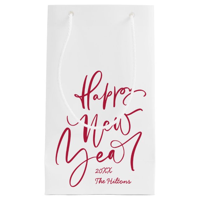 Happy new year hand lettering in red small gift bag (Front)