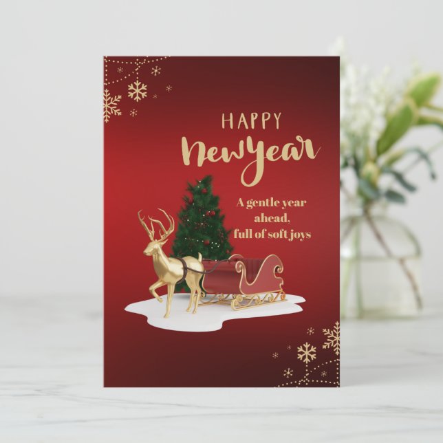 Happy new year holiday carda red gold horse art (Standing Front)