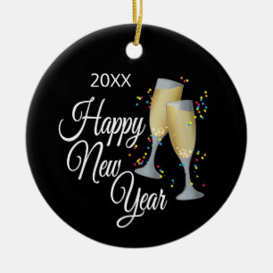 Happy New Year I Champagne Glasses and Confetti Ceramic Tree Decoration