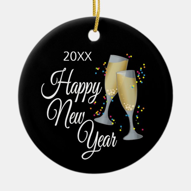 Happy New Year I Champagne Glasses and Confetti Ceramic Tree Decoration (Front)