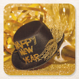 Happy New Year in gold and black Square Paper Coaster