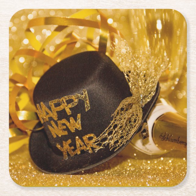 Happy New Year in gold and black Square Paper Coaster (Front)