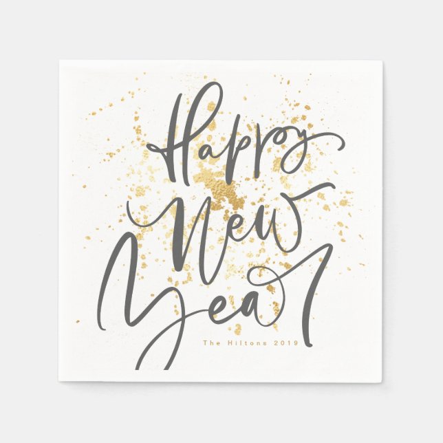 Happy New Year in grey handwritten text Napkin (Front)