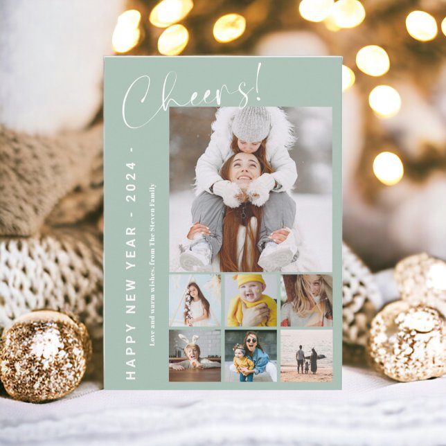 Happy New Year in review  cheers 9 photo green Holiday Card (Happy New Year in review cheers 9 photo green Holiday Card)