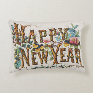 Happy New Year in Tree Trunks, Acorns and Flowers Decorative Cushion