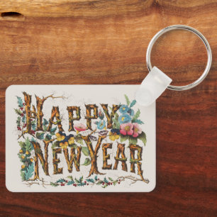Happy New Year in Tree Trunks, Acorns and Flowers Key Ring