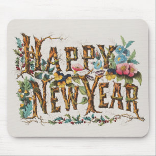 Happy New Year in Tree Trunks, Acorns and Flowers Mouse Pad