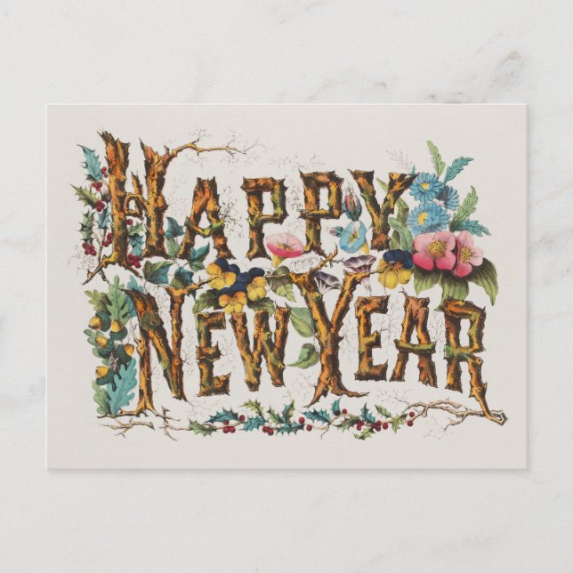 Happy New Year in Tree Trunks, Acorns and Flowers Postcard (Front)