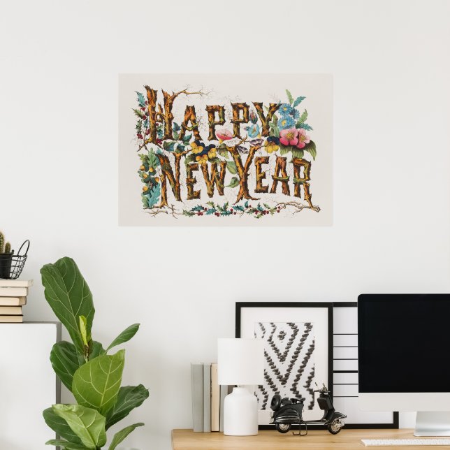 Happy New Year in Tree Trunks, Acorns and Flowers Poster (Home Office)