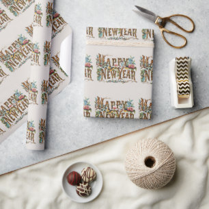 Happy New Year in Tree Trunks, Acorns and Flowers Wrapping Paper