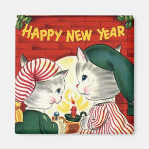 Happy New Year Kittens Vintage Magnet