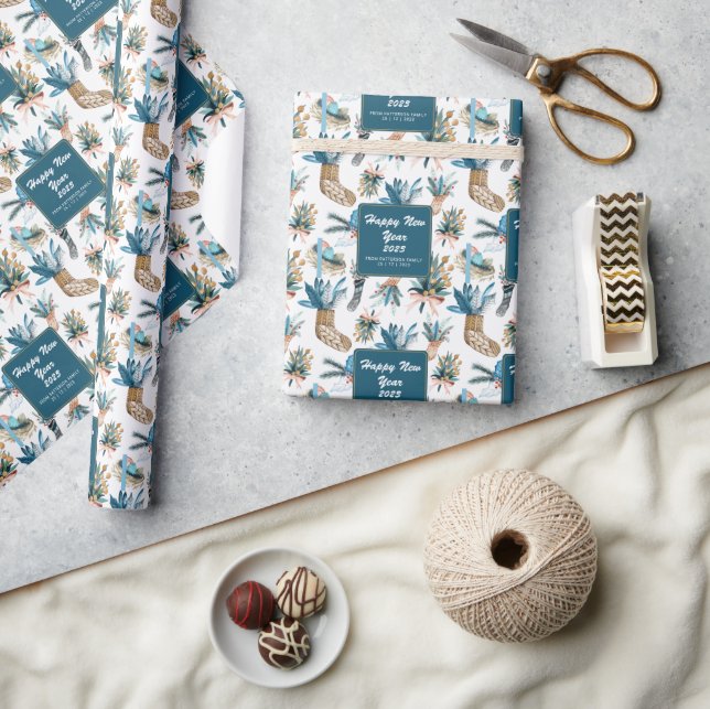 Happy New Year Leaves And Socks Pattern Wrapping Paper (Crafts)