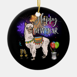 Happy New Year Llama Alpaca Firework Ceramic Ornament