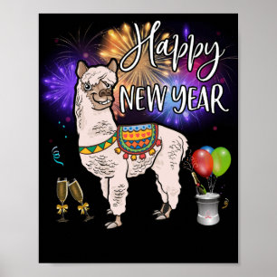 Happy New Year Llama Alpaca Firework Poster