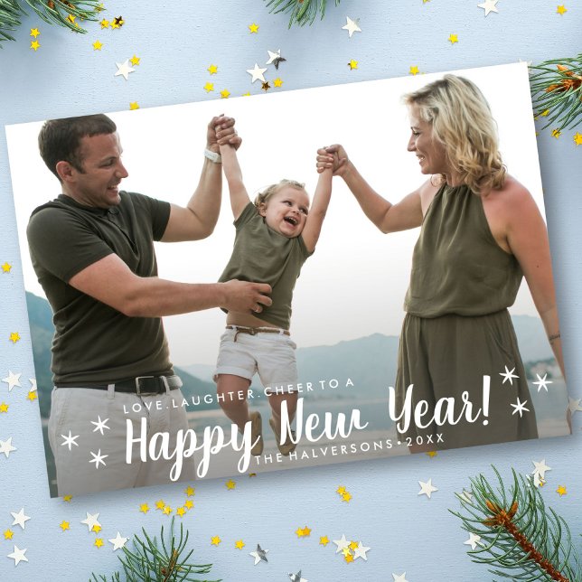Happy New Year Love Laughter Cheer Custom Photo Holiday Card (Creator Uploaded)