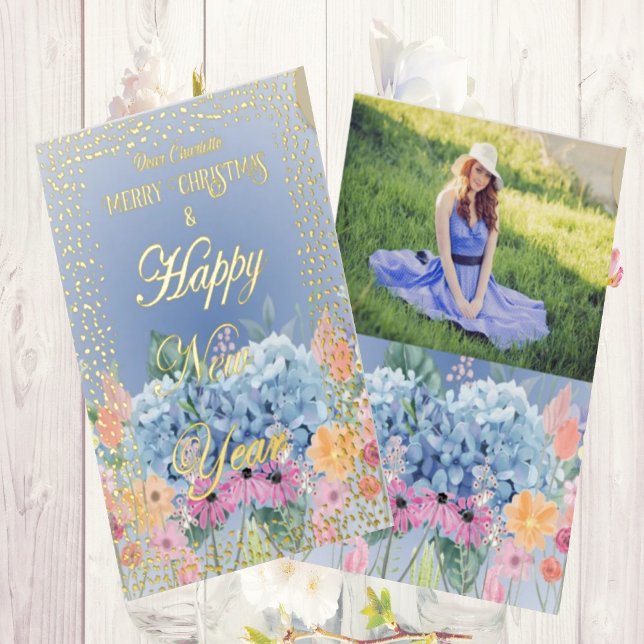 Happy New Year Merry Christmas Blue Floral Photo  Foil Holiday Card (Creator Uploaded)