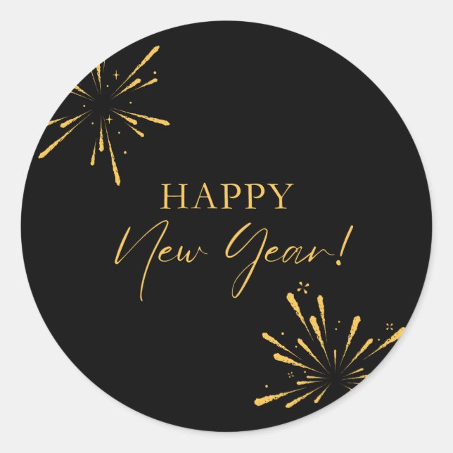 Happy New Year minimalist fireworks black Classic Round Sticker (Front)