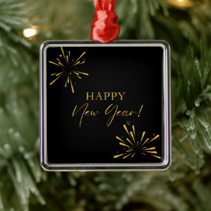 Happy New Year minimalist fireworks black Metal Ornament