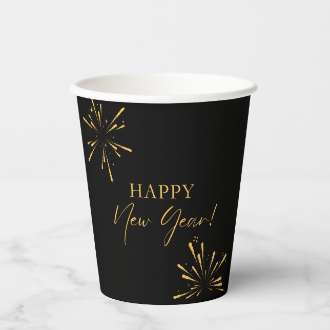 Happy New Year minimalist fireworks black Paper Cups (Front)